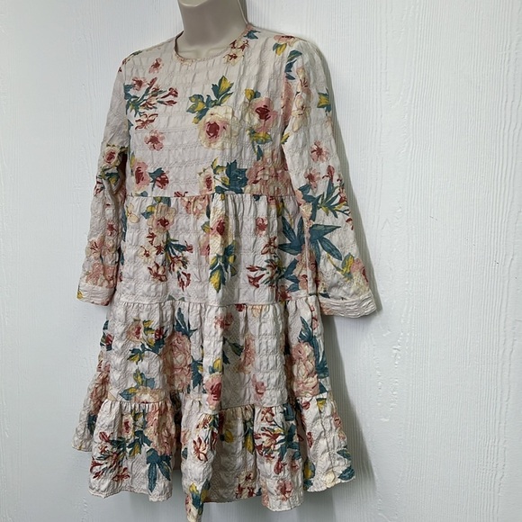 Zara - Colorful Floral Tiered Boho 3/4 Sleeve Button At Neck Dress Size XS - Picture 5 of 12